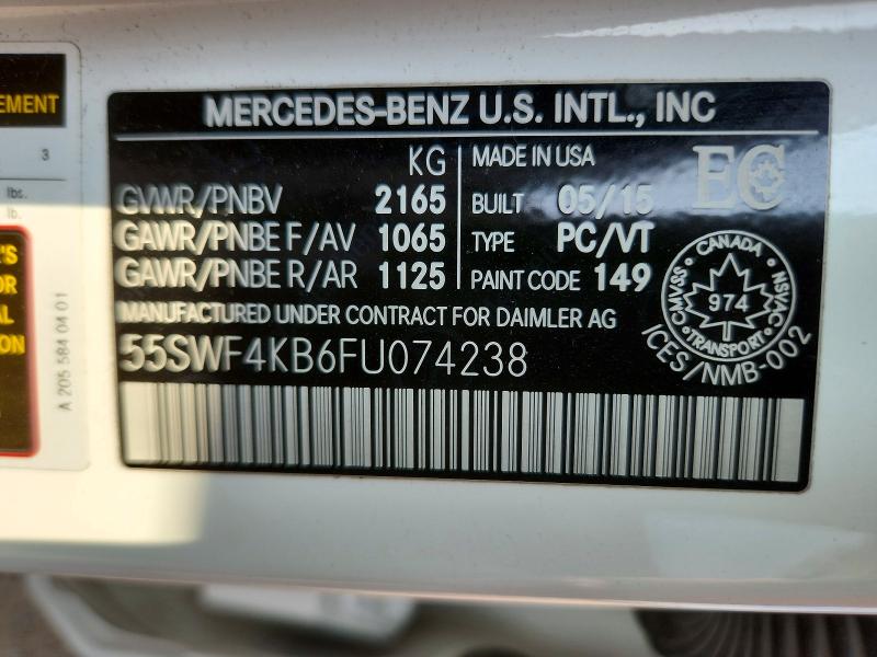 2015 Mercedes-benz C მანქანა იყიდება აუქციონზე, vin: 55SWF4KB6FU074238, აუქციონის ნომერი: 65584336