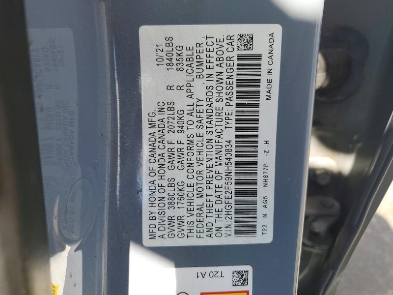 Aukcja sprzedaży 2022 Honda Civic, vin: 2HGFE2F59NH540834, numer aukcji: 64650886
