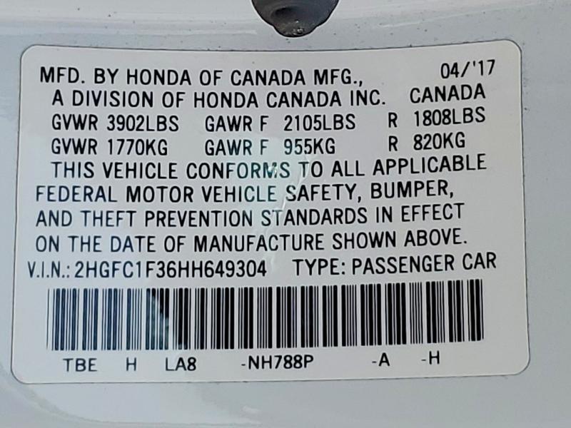 Aukcja sprzedaży 2017 Honda Civic, vin: 2HGFC1F36HH649304, numer aukcji: 64848156