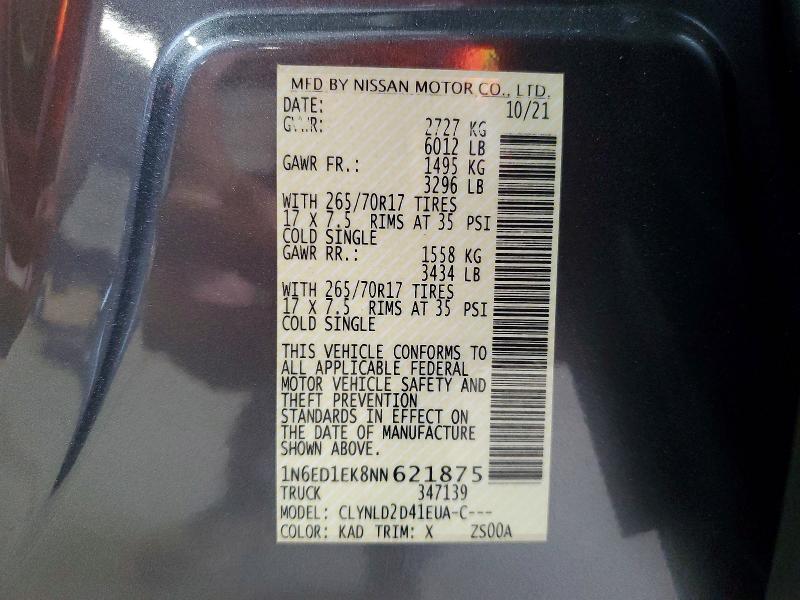2022 Nissan Frontier მანქანა იყიდება აუქციონზე, vin: 1N6ED1EK8NN621875, აუქციონის ნომერი: 65240956