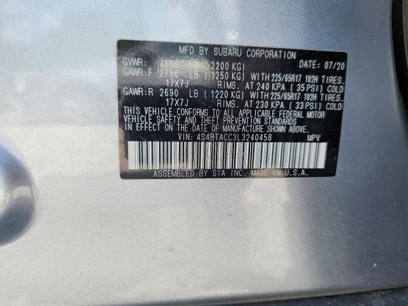 62541996 :رقم المزاد ، 4S4BTACC3L3240458 vin ، 2020 Subaru Outback مزاد بيع