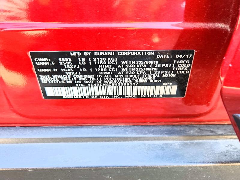 Auction sale of the 2017 Subaru Outback, vin: 4S4BSANC9H3399217, lot number: 65181516