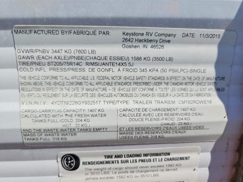 Продажа на аукционе авто 2016 Keystone Coleman, vin: 4YDT19228GY932517, номер лота: 65328526
