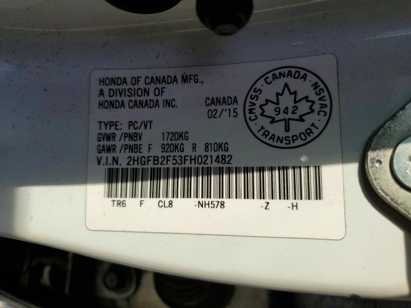 66036146 :رقم المزاد ، 2HGFB2F53FH021482 vin ، 2015 Honda Civic مزاد بيع
