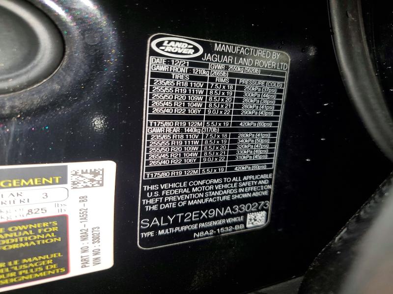 Aukcja sprzedaży 2022 Land Rover Range Rover Velar, vin: SALYT2EX9NA330273, numer aukcji: 65696896