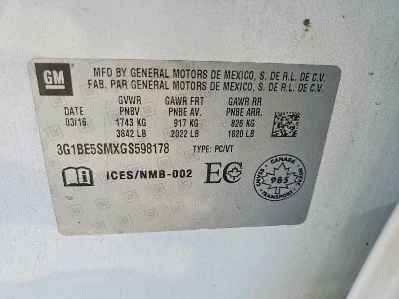 Продаж на аукціоні авто 2016 Chevrolet Cruze, vin: 3G1BE5SMXGS598178, номер лоту: 65308876
