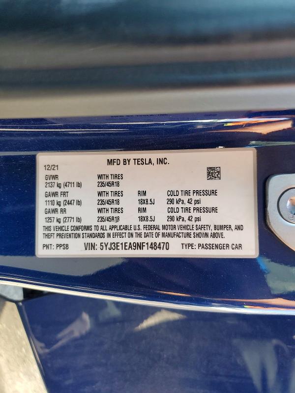66745766 :رقم المزاد ، 5YJ3E1EA9NF148470 vin ، 2022 Tesla Model 3 مزاد بيع