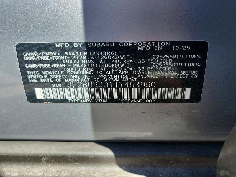 Aukcja sprzedaży 2026 Subaru Outback, vin: JF2BURJD1TY453960, numer aukcji: 63172486