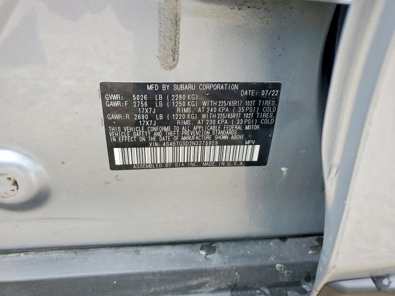 Aukcja sprzedaży 2022 Subaru Outback, vin: 4S4BTGSD2N3275959, numer aukcji: 64424276