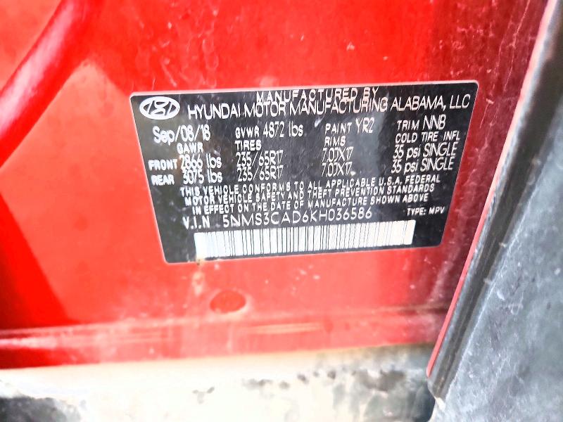 2019 Hyundai Santa Fe მანქანა იყიდება აუქციონზე, vin: 5NMS3CAD6KH036586, აუქციონის ნომერი: 65898966