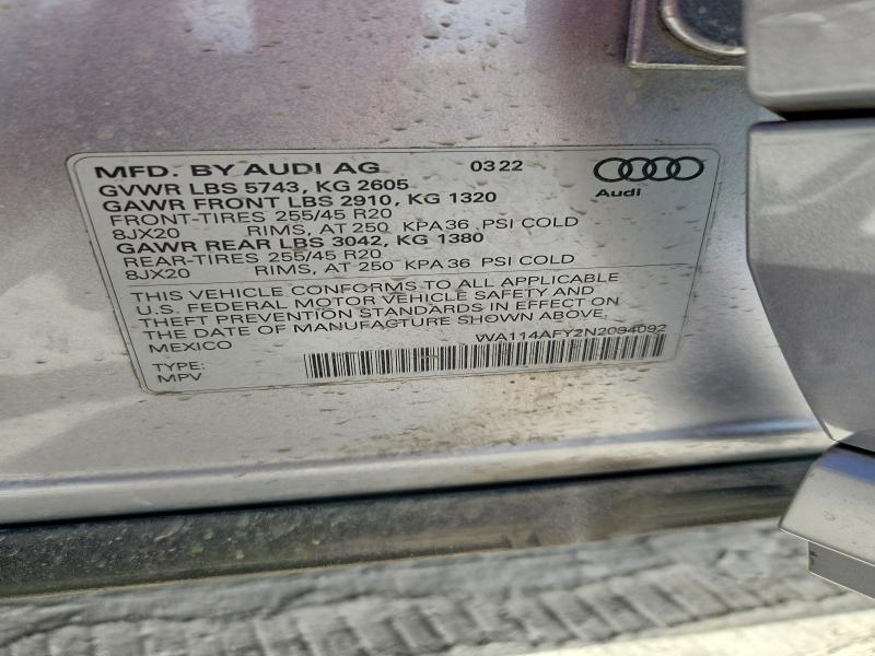 Aukcja sprzedaży 2022 Audi Sq5, vin: WA114AFY2N2094092, numer aukcji: 65402716