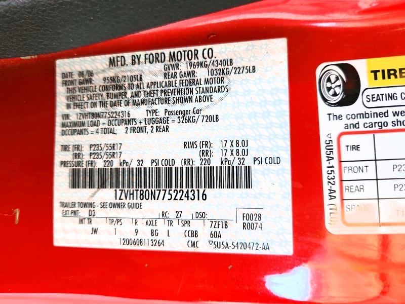 2007 Ford Mustang მანქანა იყიდება აუქციონზე, vin: 1ZVHT80N775224316, აუქციონის ნომერი: 66270486