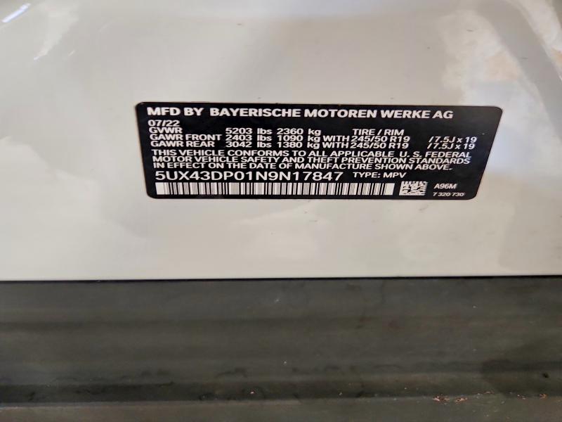 Aukcja sprzedaży 2022 Bmw X3, vin: 5UX43DP01N9N17847, numer aukcji: 63525196