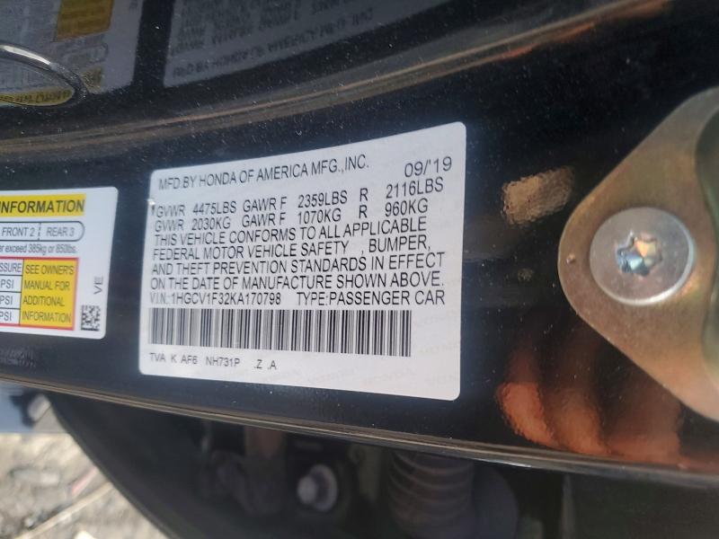 2019 Honda Accord მანქანა იყიდება აუქციონზე, vin: 1HGCV1F32KA170798, აუქციონის ნომერი: 61045956