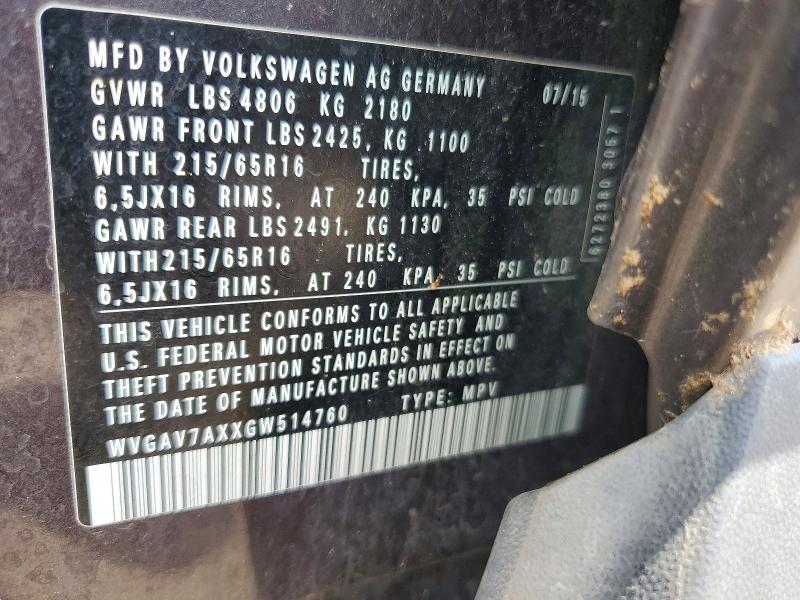 2016 Volkswagen Tiguan მანქანა იყიდება აუქციონზე, vin: WVGAV7AXXGW514760, აუქციონის ნომერი: 65495676