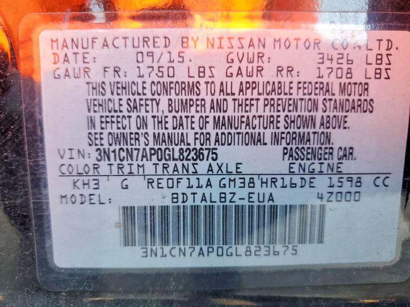 Продаж на аукціоні авто 2016 Nissan Versa, vin: 3N1CN7AP0GL823675, номер лоту: 64405166