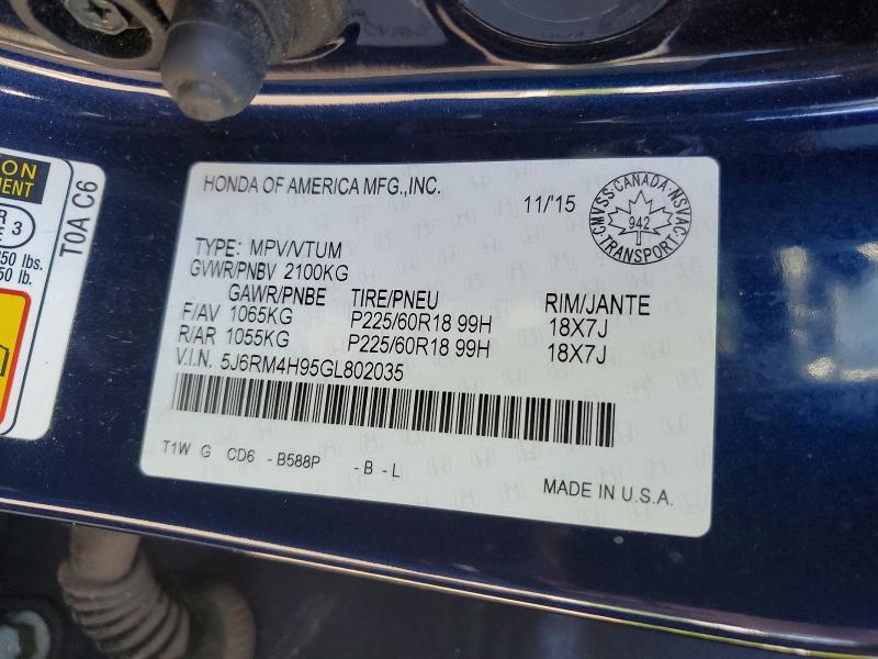 65993636 :رقم المزاد ، 5J6RM4H95GL802035 vin ، 2016 Honda Cr-v مزاد بيع