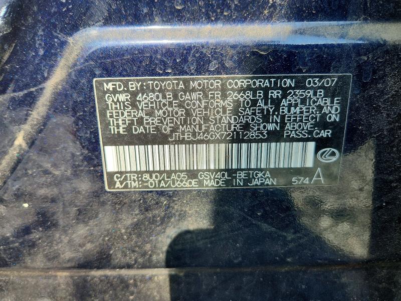 Aukcja sprzedaży 2007 Lexus Es, vin: JTHBJ46GX72112853, numer aukcji: 66381086