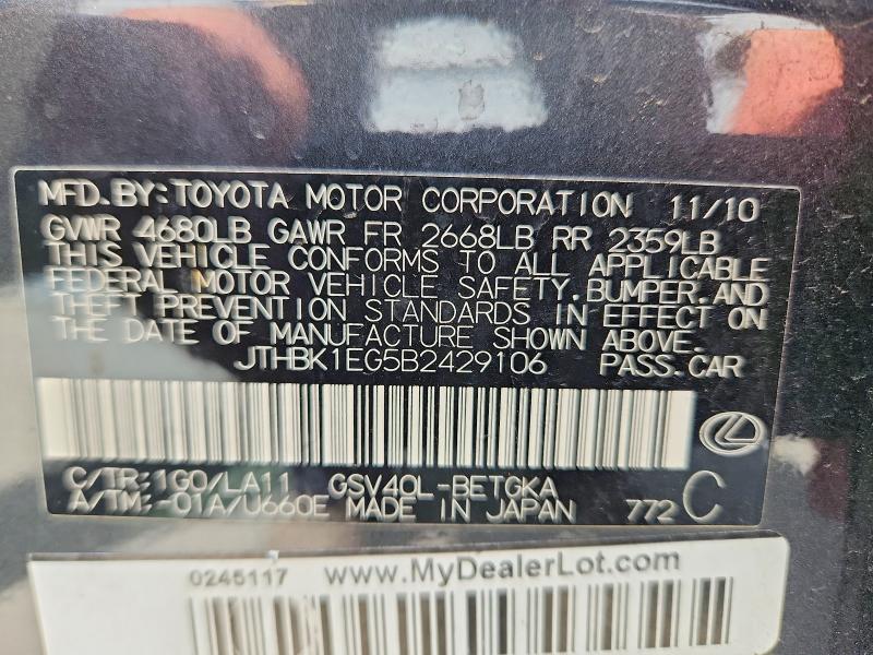 Aukcja sprzedaży 2011 Lexus Es, vin: JTHBK1EG5B2429106, numer aukcji: 65631846