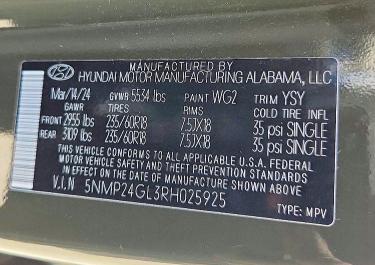 Продажа на аукционе авто 2024 Hyundai Santa Fe, vin: 5NMP24GL3RH025925, номер лота: 63373556