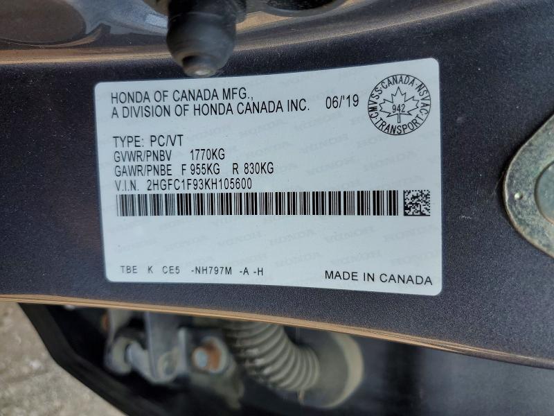 64949766 :رقم المزاد ، 2HGFC1F93KH105600 vin ، 2019 Honda Civic مزاد بيع