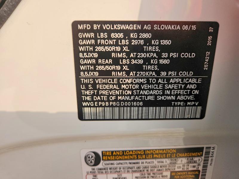 65995376 :رقم المزاد ، WVGEP9BP8GD001606 vin ، 2016 Volkswagen Touareg مزاد بيع