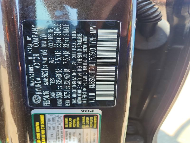 Aukcja sprzedaży 2017 Hyundai Santa Fe, vin: KM8SMDHF7HU178503, numer aukcji: 63904596