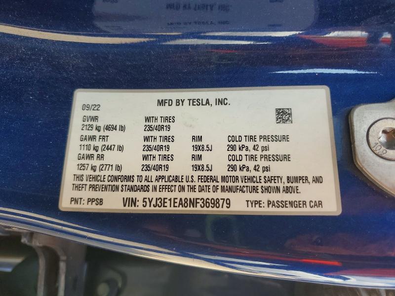 2022 Tesla Model 3 მანქანა იყიდება აუქციონზე, vin: 5YJ3E1EA8NF369879, აუქციონის ნომერი: 63949966