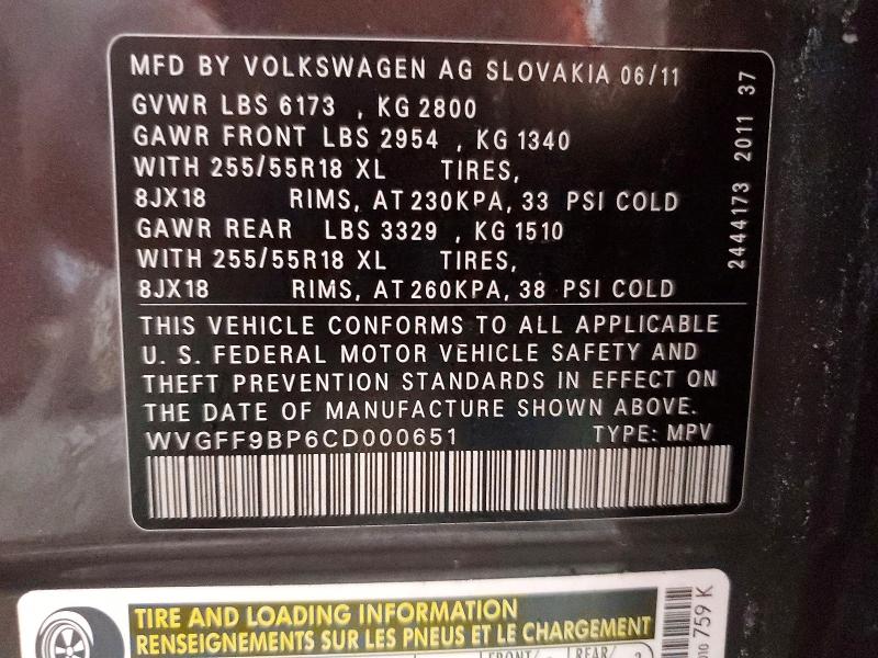 64065226 :رقم المزاد ، WVGFF9BP6CD000651 vin ، 2012 Volkswagen Touareg مزاد بيع