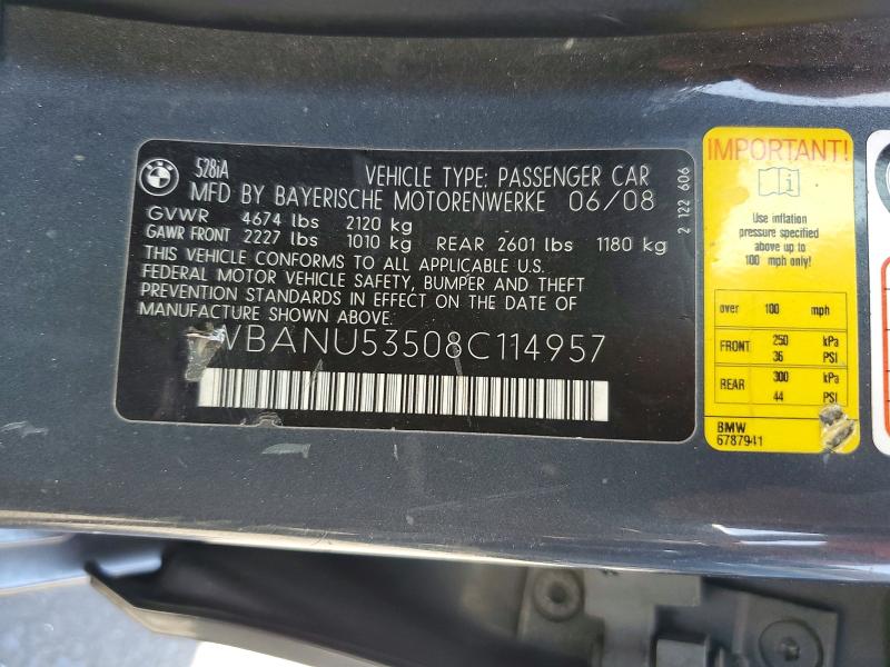 2008 Bmw 528 მანქანა იყიდება აუქციონზე, vin: WBANU53508C114957, აუქციონის ნომერი: 66132296