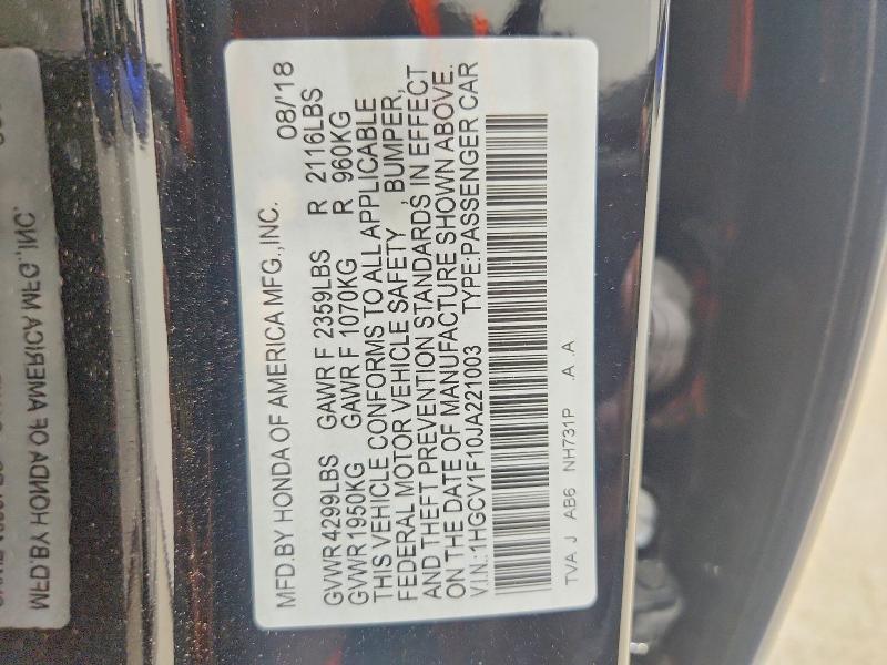 2018 Honda Accord მანქანა იყიდება აუქციონზე, vin: 1HGCV1F10JA221003, აუქციონის ნომერი: 67125446
