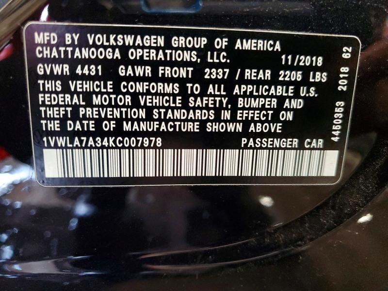 2019 Volkswagen Passat მანქანა იყიდება აუქციონზე, vin: 1VWLA7A34KC007978, აუქციონის ნომერი: 65175716
