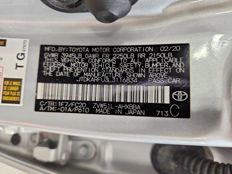 2020 Toyota Prius მანქანა იყიდება აუქციონზე, vin: JTDKARFU3L3116834, აუქციონის ნომერი: 64834046