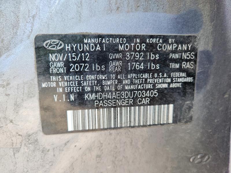 2013 Hyundai Elantra მანქანა იყიდება აუქციონზე, vin: KMHDH4AE3DU703405, აუქციონის ნომერი: 65327866