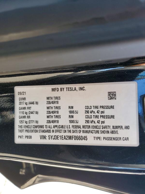 Продажа на аукционе авто 2021 Tesla Model 3, vin: 5YJ3E1EA2MF066045, номер лота: 64672266