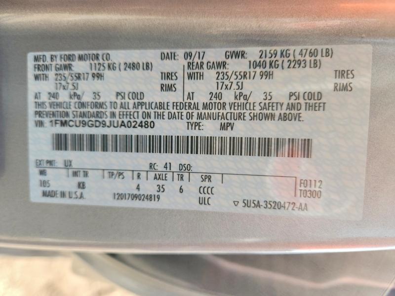 2018 Ford Escape მანქანა იყიდება აუქციონზე, vin: 1FMCU9GD9JUA02480, აუქციონის ნომერი: 66997056