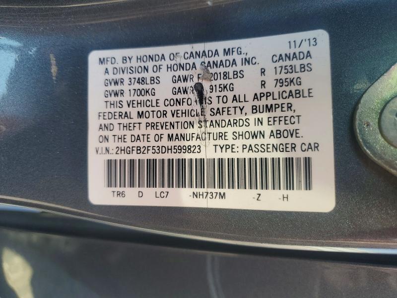 Продажа на аукционе авто 2013 Honda Civic, vin: 2HGFB2F53DH599823, номер лота: 66572636