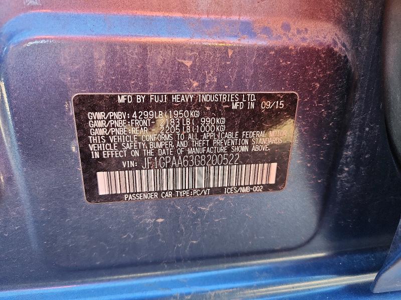 64036776 :رقم المزاد ، JF1GPAA63G8200522 vin ، 2016 Subaru Impreza مزاد بيع