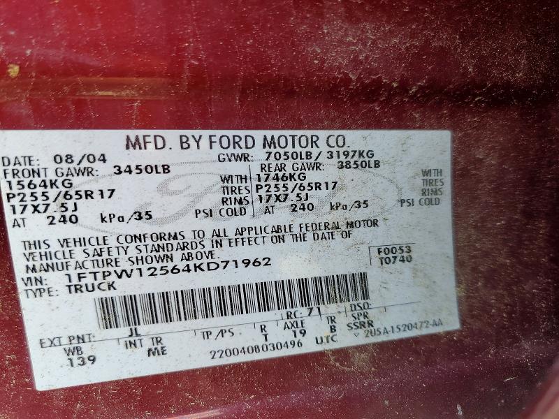 Aukcja sprzedaży 2004 Ford F150, vin: 1FTPW12564KD71962, numer aukcji: 64235926