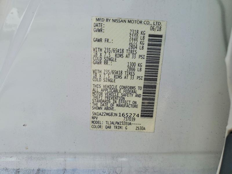 2018 Nissan Murano მანქანა იყიდება აუქციონზე, vin: 5N1AZ2MG8JN165274, აუქციონის ნომერი: 64698636