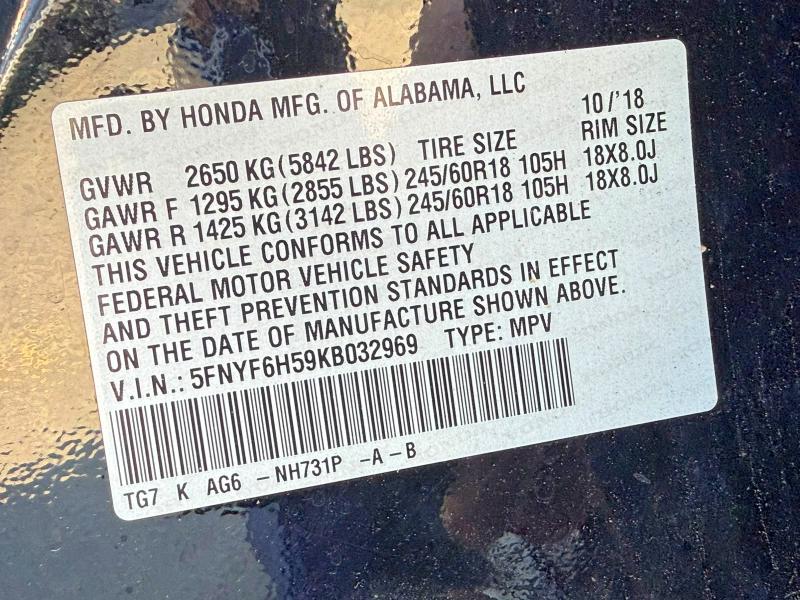 Продаж на аукціоні авто 2019 Honda Pilot, vin: 5FNYF6H59KB032969, номер лоту: 66043336
