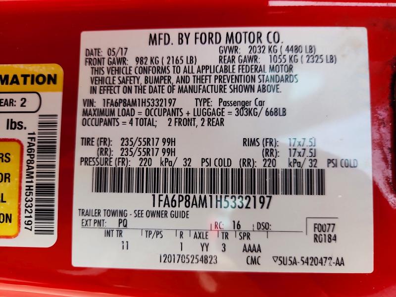 Продажа на аукционе авто 2017 Ford Mustang, vin: 1FA6P8AM1H5332197, номер лота: 66741636