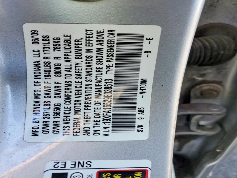 Aukcja sprzedaży 2009 Honda Civic, vin: 19XFA16529E038513, numer aukcji: 63162456