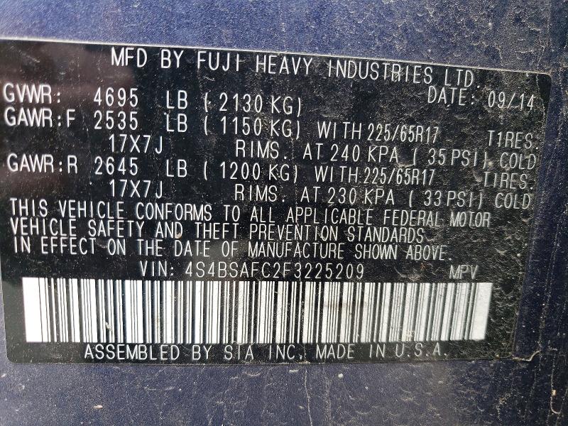 2015 Subaru Outback მანქანა იყიდება აუქციონზე, vin: 4S4BSAFC2F3225209, აუქციონის ნომერი: 64653136
