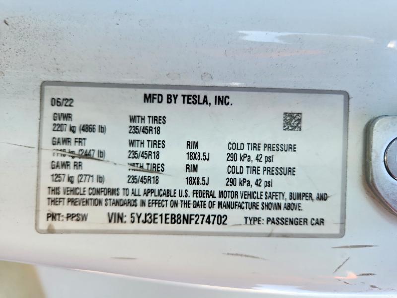 Aukcja sprzedaży 2022 Tesla Model 3, vin: 5YJ3E1EB8NF274702, numer aukcji: 64193876