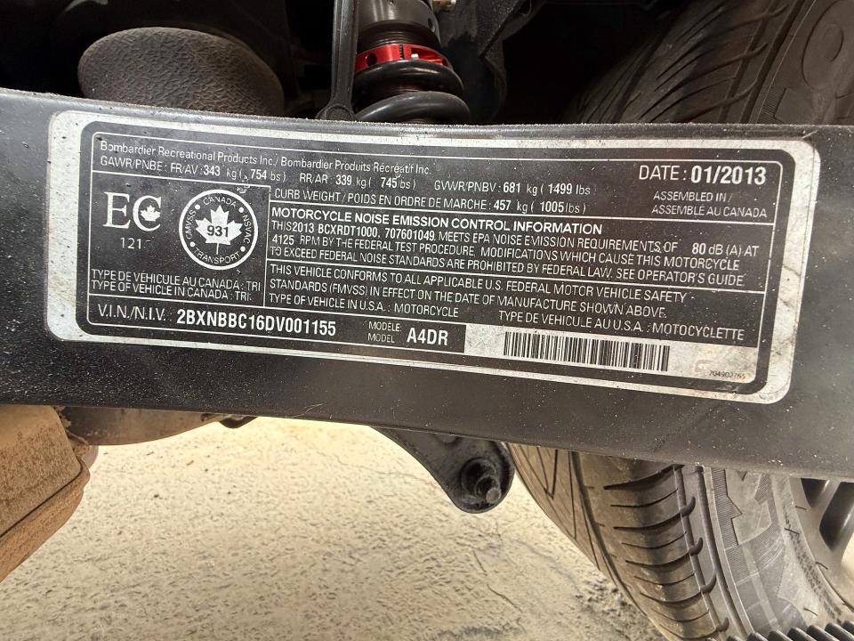 2013 Can-am Spyder Roadster მანქანა იყიდება აუქციონზე, vin: 2BXNBBC16DV001155, აუქციონის ნომერი: 65894056