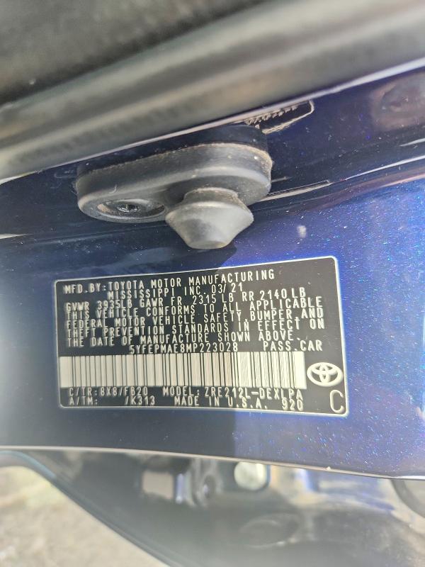 Aukcja sprzedaży 2021 Toyota Corolla, vin: 5YFEPMAE8MP223028, numer aukcji: 65342266