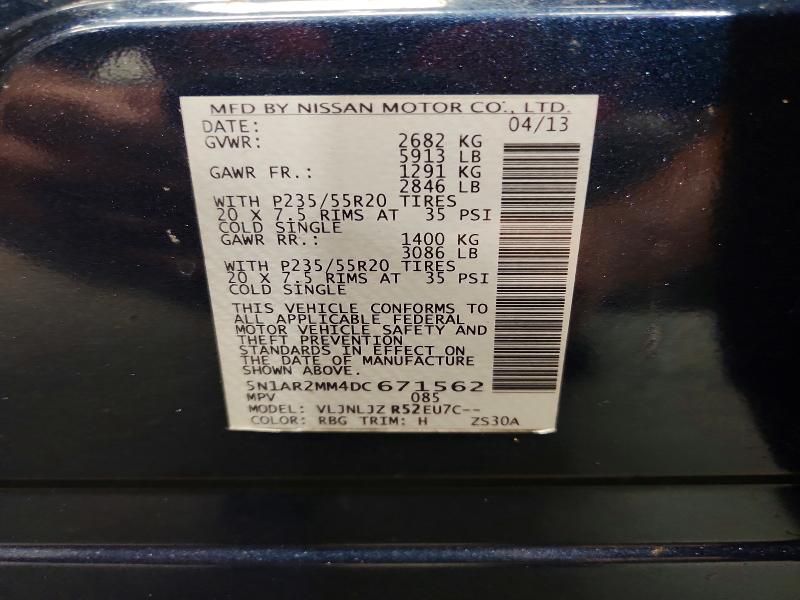 66064896 :رقم المزاد ، 5N1AR2MM4DC671562 vin ، 2013 Nissan Pathfinder مزاد بيع