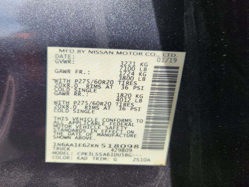 Auction sale of the 2019 Nissan Titan, vin: 1N6AA1E62KN518098, lot number: 67163396
