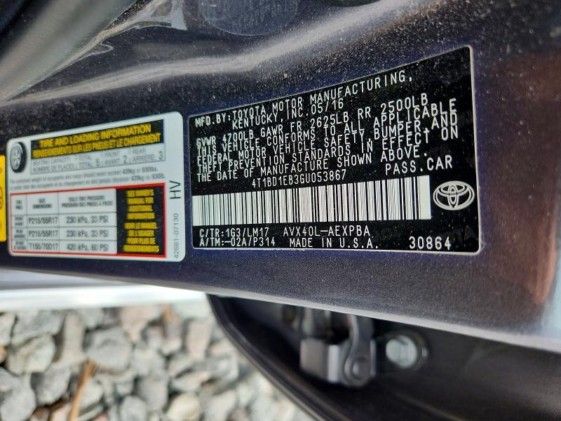2016 Toyota Avalon Hybrid მანქანა იყიდება აუქციონზე, vin: 4T1BD1EB3GU053867, აუქციონის ნომერი: 62723316